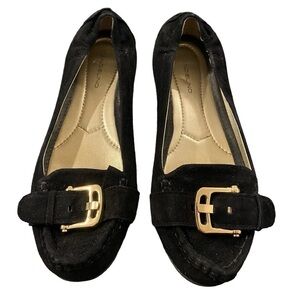 Bandolino Black Suede Flats with Gold Buckle Accent